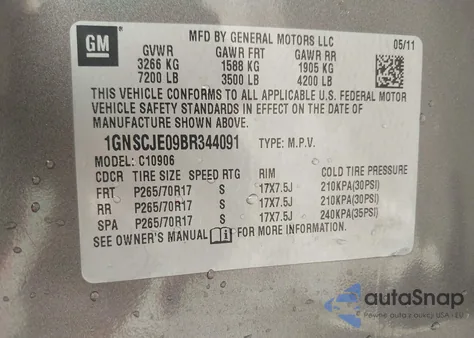 2011 Chevrolet Suburban 1500 Lt1 из США, поврежденный, VIN 1GNSCJE09BR344091